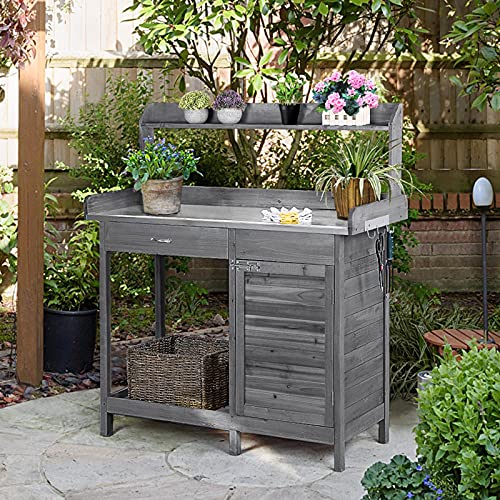 Image of Yaheetech Potting Bench Outdoor Potting Table with Storage,Gray | Outdoor Potting Bench with Spacious Metal Tabletop Keeps Soil and Water Contained While Providing a Durable Work Surface for
