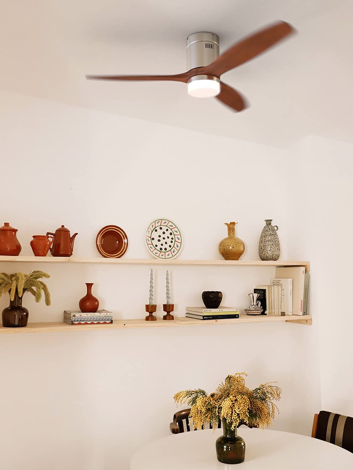 CREATE/WINDCALM/Ventilador de techo ABS con luz níquel efecto aspas madera oscura y mando / 40W, Silencioso, Ø132 cm, 6 velocidades, 3 temperaturas de luz, temporizador, función verano-invierno