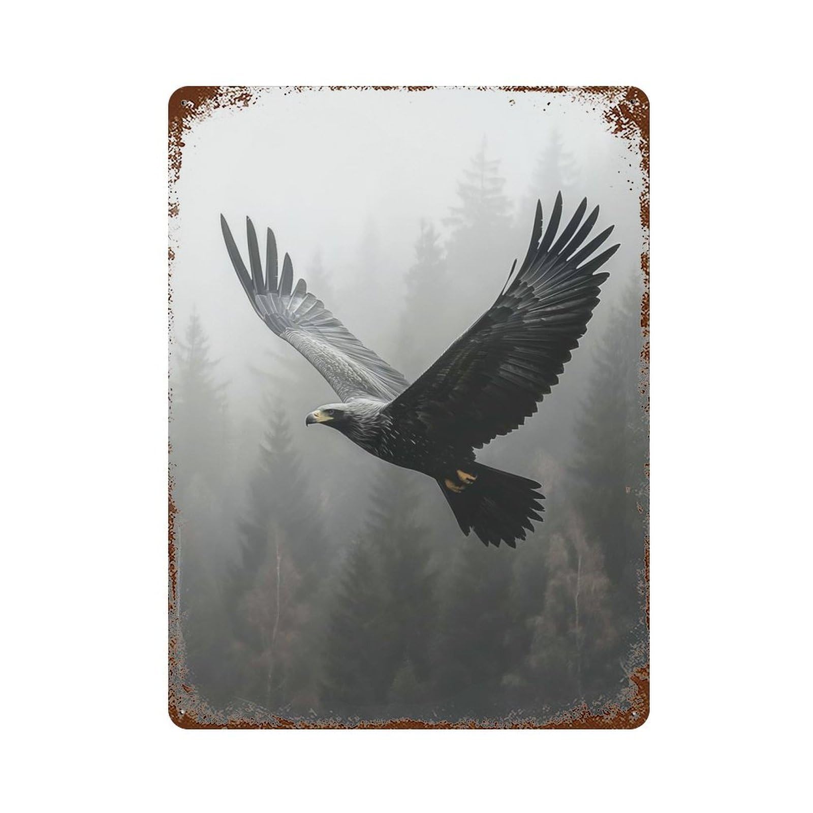 Eagle Soaring through Misty Forest 15.7"x11.8" Weathered Tin Sign, Shabby Chic Decor for Farmhouse, Kitchen And Entryway Decor