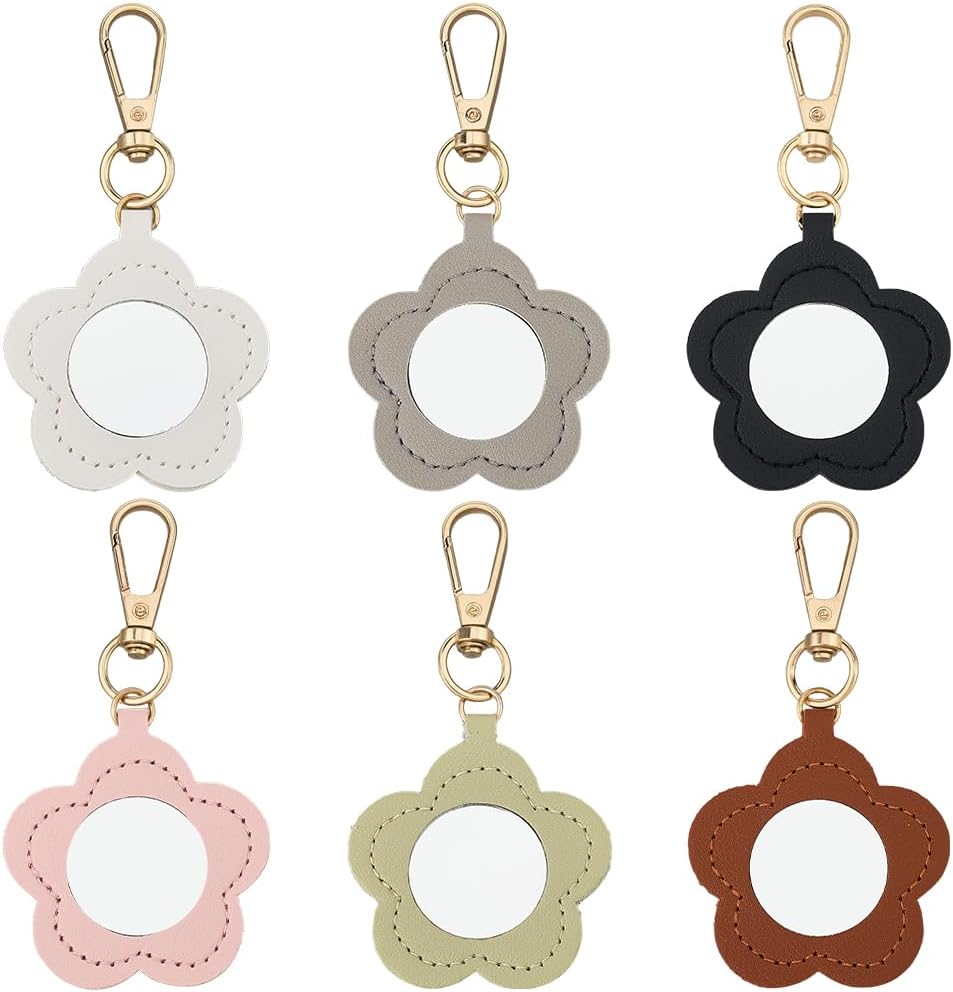 2PCS 2 Color PU Leather Flower Keychain Portable Makeup Mirror Key Ring Bulk Floral Pendant Key Holder