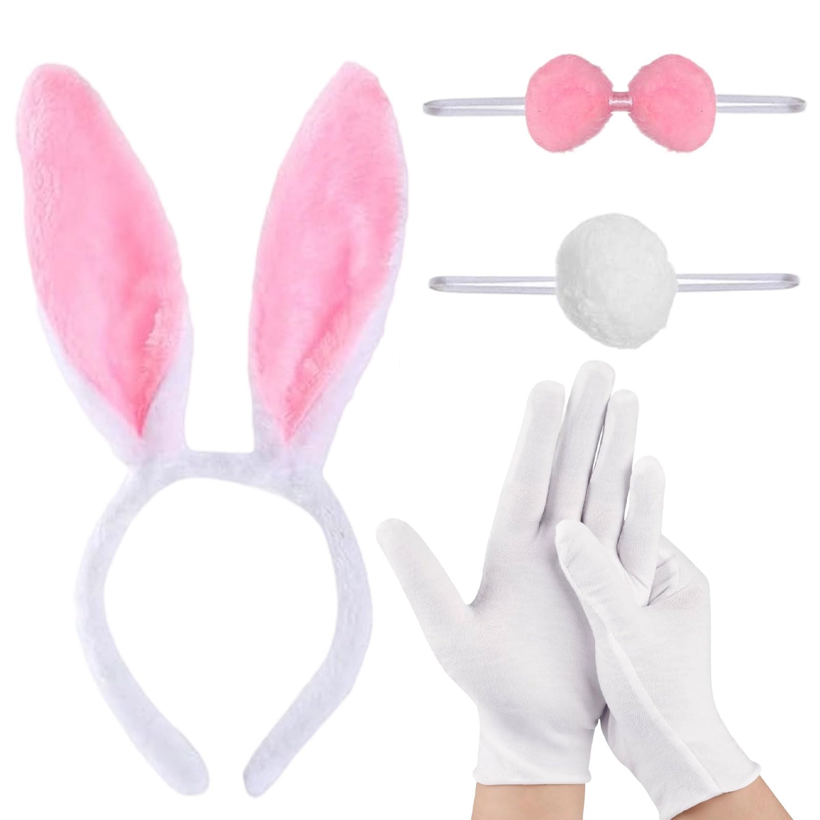4 Piezas Juego de Disfraz de Conejo Rosa, Disfraz de Conejos de Pascua para Adulto, Orejas de Conejo Diadema, Pajarita, Blanco Guantes, Cola, para Halloween, Pascua, Fiesta, Cosplay