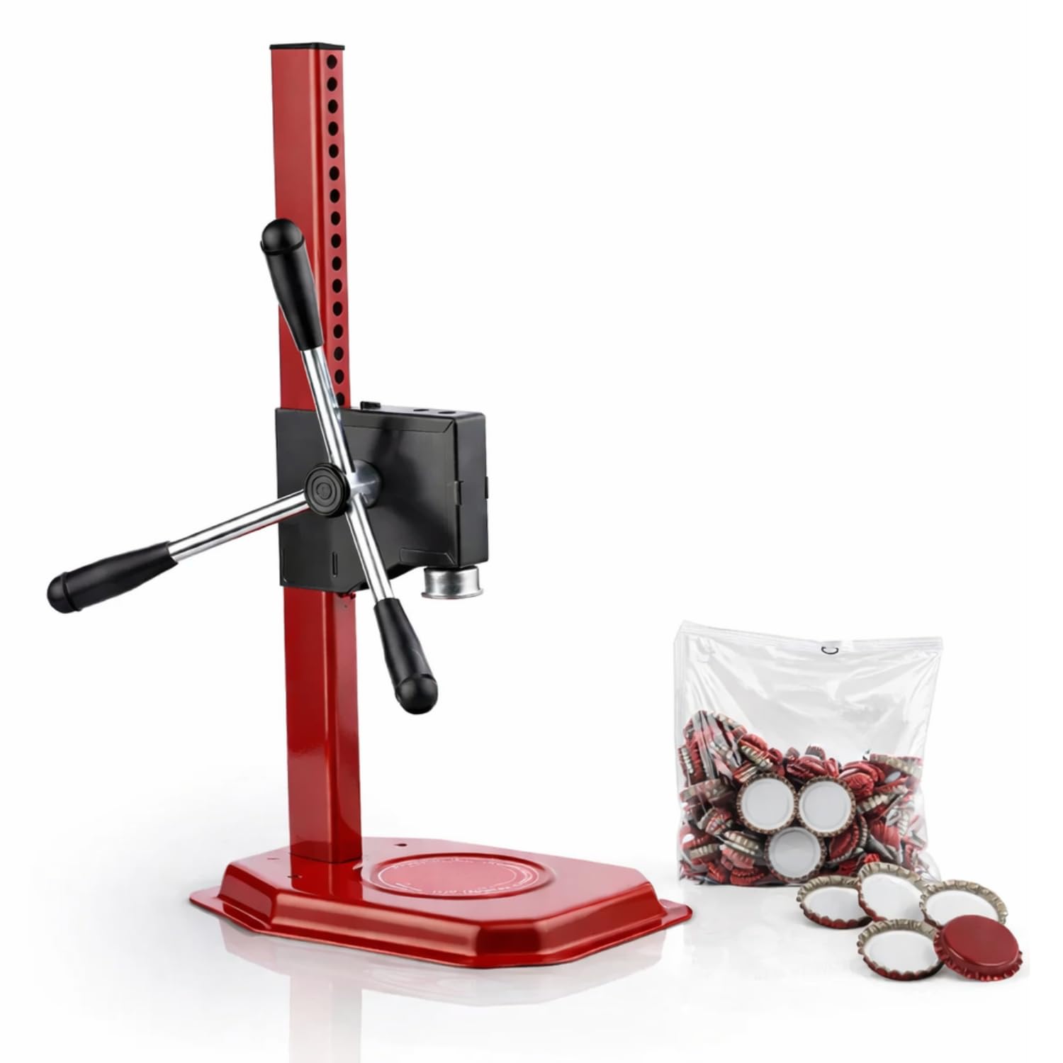 VIRSUS Tappatrice a Cremagliera 3 Leve RE220, Misura 27x52 cm, Peso 3,25 kg, Capsulatrice a Colonna Manuale da Tavolo per Tappi Corona Ø 26 mm Bottiglie Vino Birra + 100 Tappi a Corona Diam 26 mm
