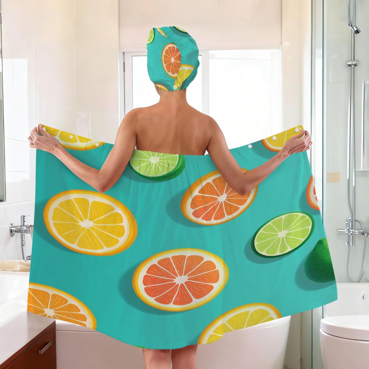2 Sets Mikrofaser-Duschtuch mit Haarhandtuch, Zitrusscheiben, Grapefruit, weiche Körperwickel, Kleid mit Haartrocknungskappe für Strand, Pool, Spa