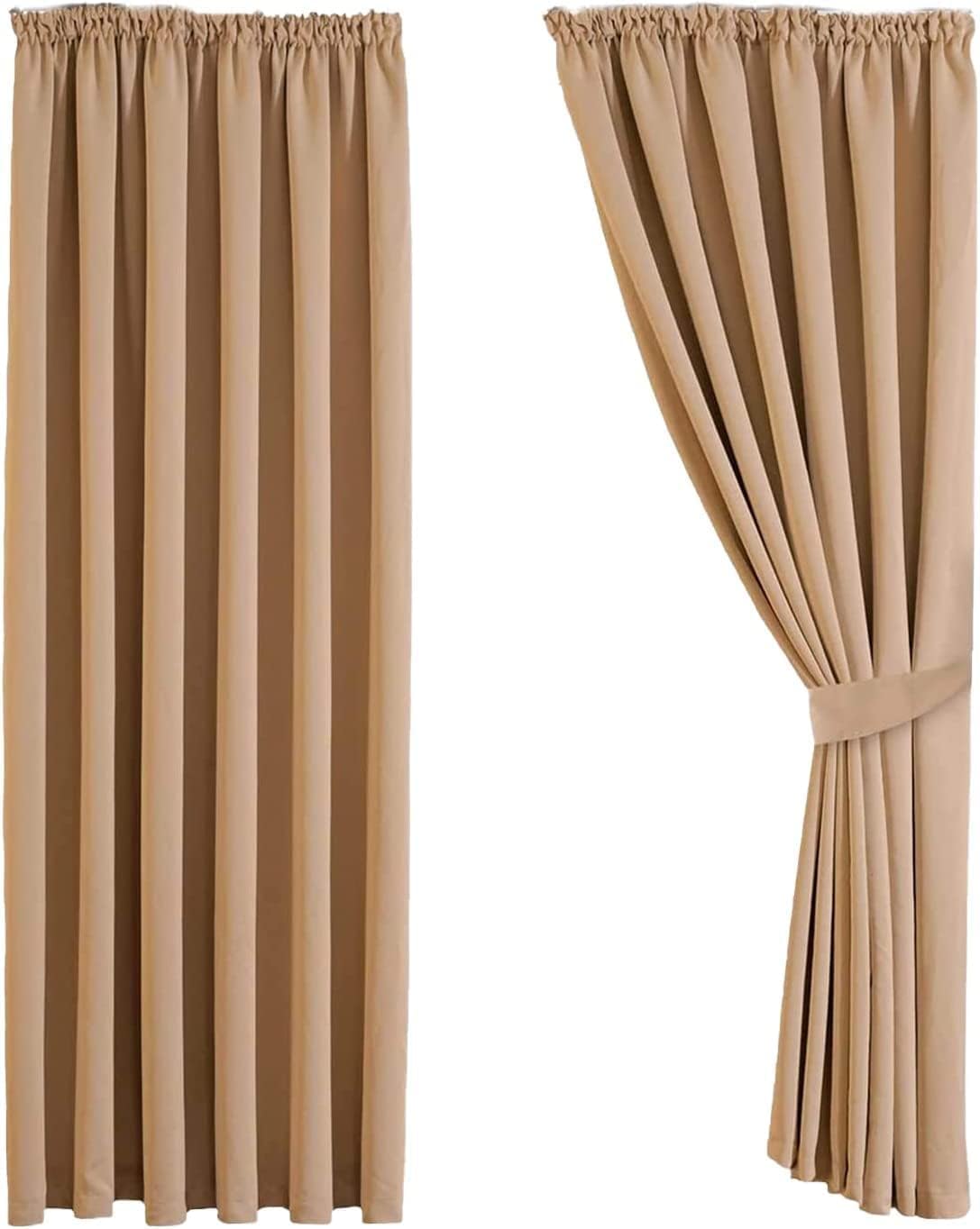 Aspire Homeware Super Soft Pencil Pleat Curtains 66x84 inch drop Thermal Insulated Energy Saving Beige Curtain Tape Top Door Curtains for Living Room 2 Panels with Tiebacks