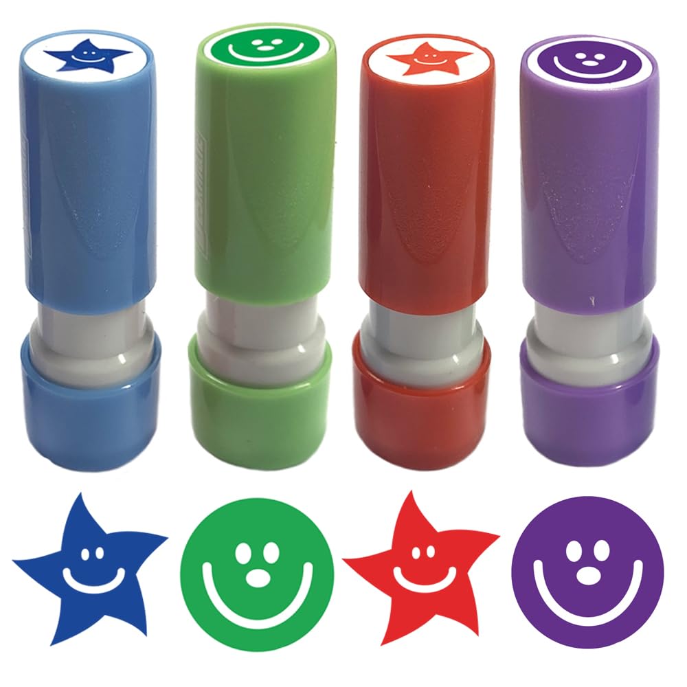 4 Small Teacher Self-inking Marking & Reward Chart Stamps (Red & Blue Star, Purple & Green Smile)