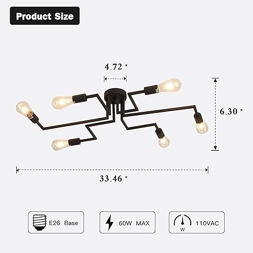 Miniatura 2 de ZGLAOJT Lámpara de techo de 6 luces, lámpara de techo vintage semiempotrada, araña negra para comedor, sala de estar, cocina, granja.