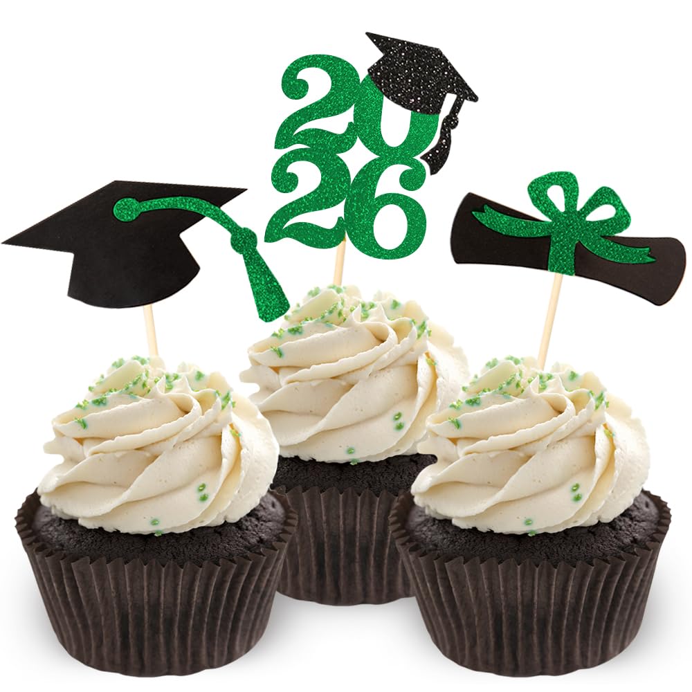 2026 Green Glitter Graduation Cupcake Topper, Food/Appetizer Picks Class of 2026 Graduation Party Supplies(24pcs)