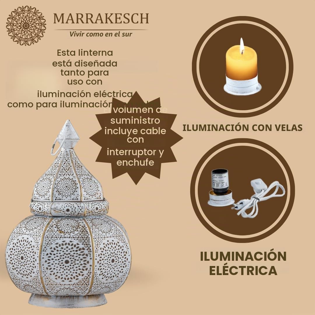 Marrakech - Lámpara de mesa y farol (metal, 30 cm), diseño oriental, color blanco