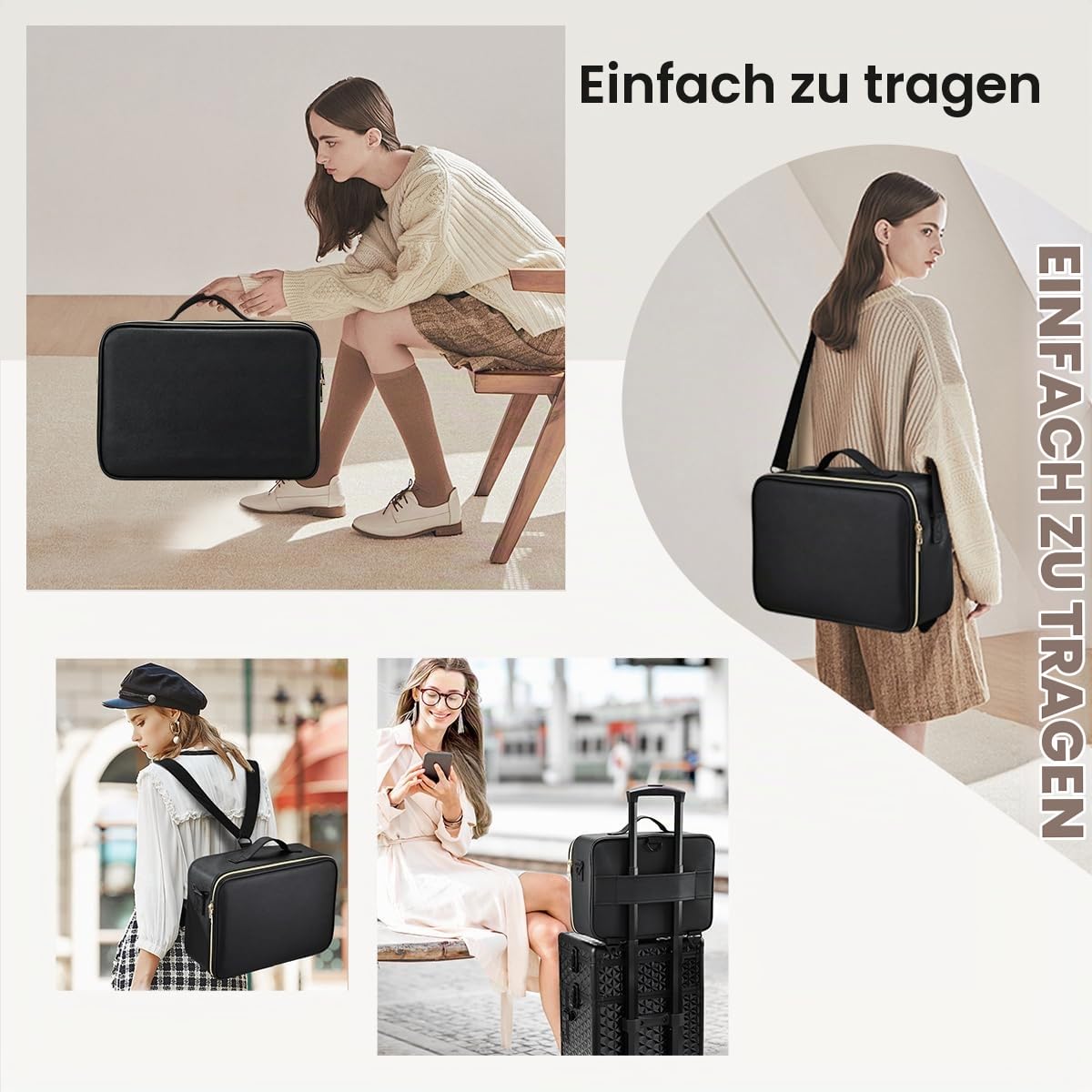 Kosmetiktasche Große Make up Tasche Schminkkoffer mit Beleuchtetem Spiegel-3 Farben LED Licht Schminktasche Damen Kosmetikkoffer Make up Koffer,Schwarz