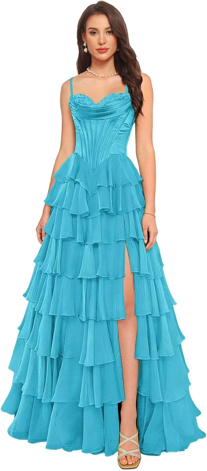 Tiered Ruffles Prom Dresses for Women Sleeveless Corset Long Evening Party Dress with Side Split Chiffon Formal CSM75