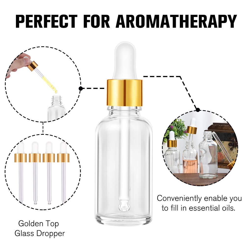 PrettyCare - Flacone contagocce da 28,3 g (confezione da 99 flaconi in vetro trasparente da 30 ml con tappi dorati, pipette in plastica extra misurate, etichette, imbuto), per oli essenziali