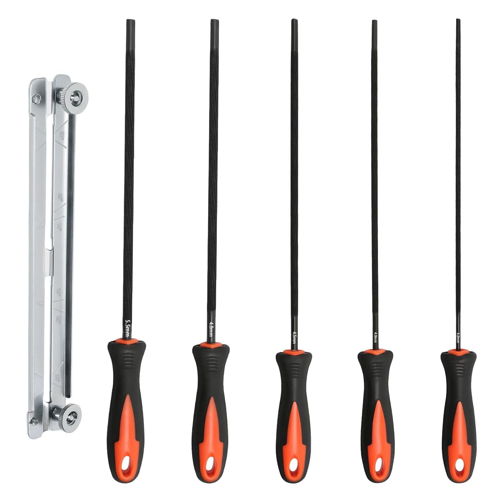 Set di 5 lime per motosega, di alta qualità, con supporto per lima, 5 misure (3,2/4,0/4,5/4,8/5,5 mm), lima per motosega, ideale per professionisti e fai da te