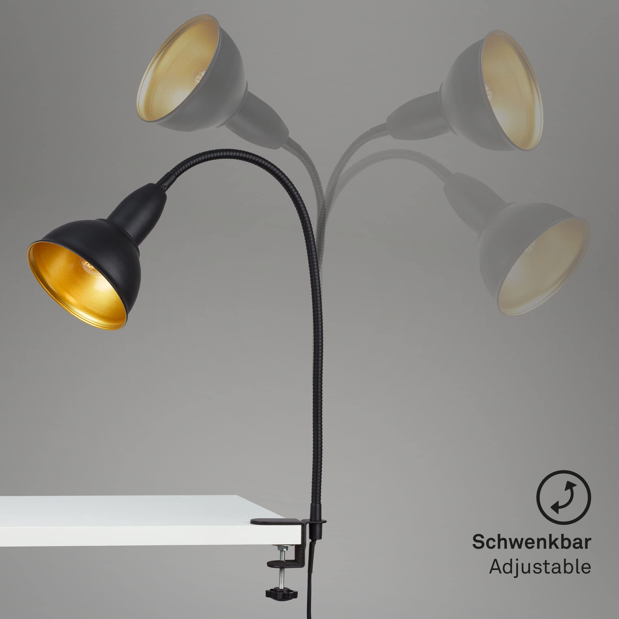 Briloner 2603-015 Lampada LED da Tavolo con Morsetto, Orientabile, Lampada da Scrivania, Stile Retrò, Interruttore On/Off, 1 Lampadina E14, Max. 25 Watt, in Metallo, Nero/Oro