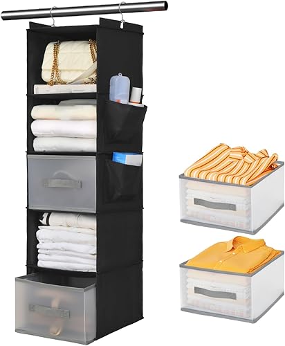 Organizador de estante de tela suspendido de 5 capas, equipado con 2 ganchos resistentes, 2 cajones separados y almacenamiento colgante plegable