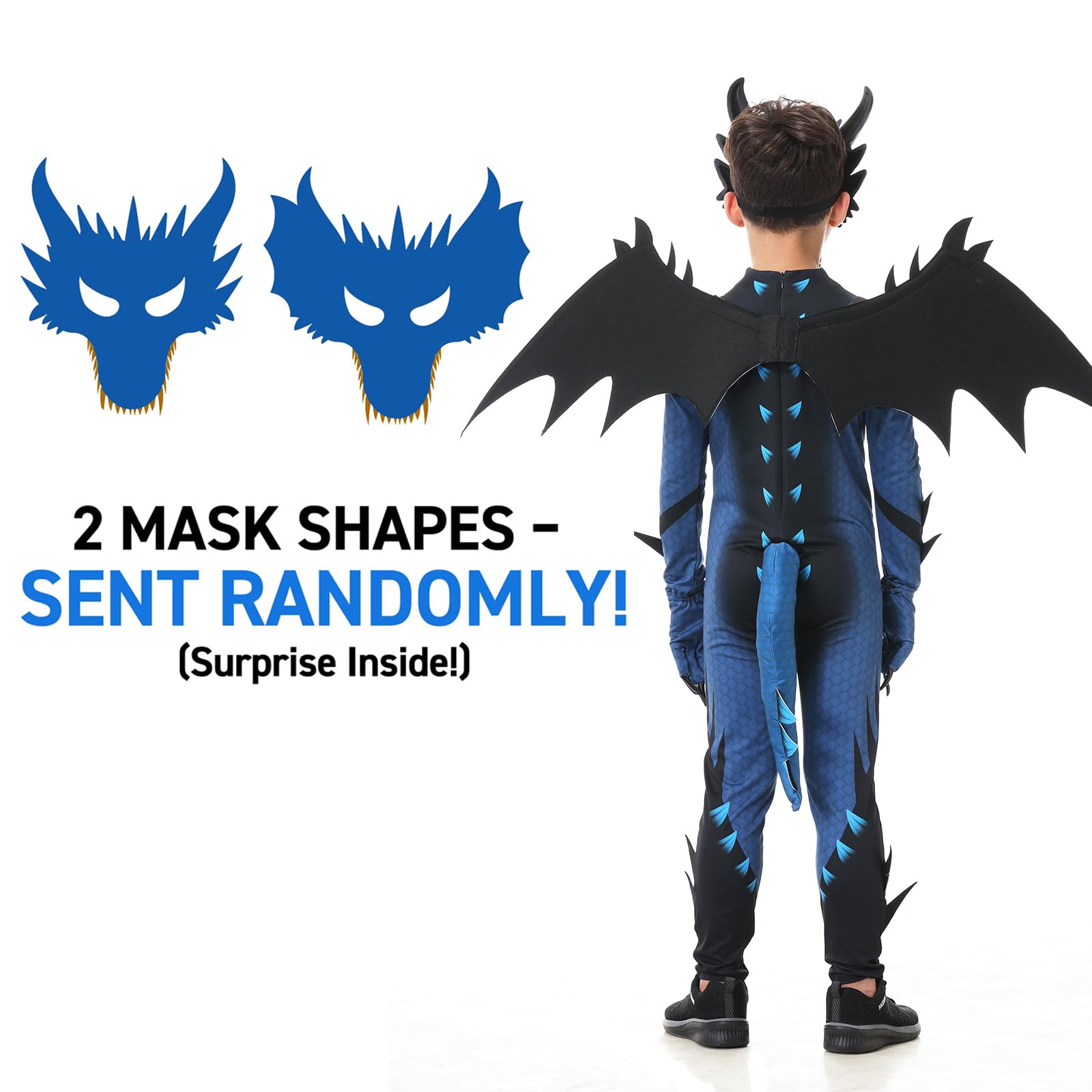 Heionia Dragon Costume Children's Dragon Costume with Wings Masks for Boys Girls Dragon Cosplay Set for Carnival Halloween Theme Party Fancy Dress (Blue - Image 4
