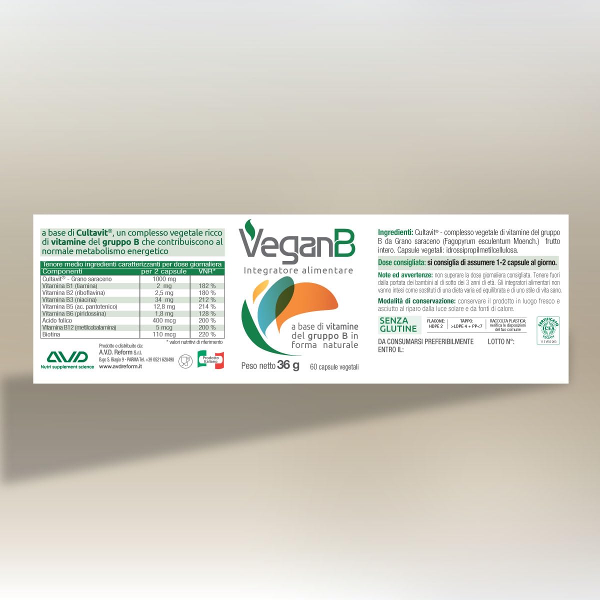 AVD REFORM | VeganB – Complesso Vegetale ricco di Vitamine del Gruppo B da Germogli di Grano Saraceno – Adatto a Vegani e Vegetariani – 60 capsule - Prodotto in Italia