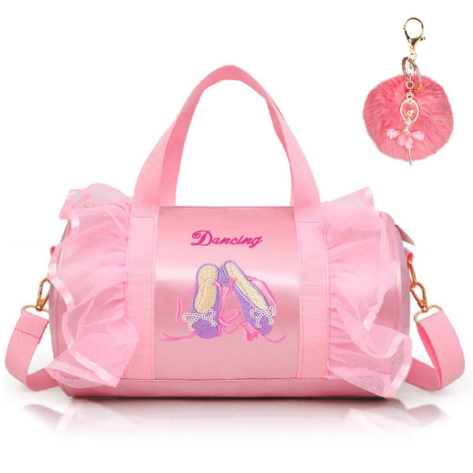 KingBig Embroidered Ballet Shoe Dance Bag, Personalized Waterproof Bag for Girls with Keychain and Pink Plush Ball Pink