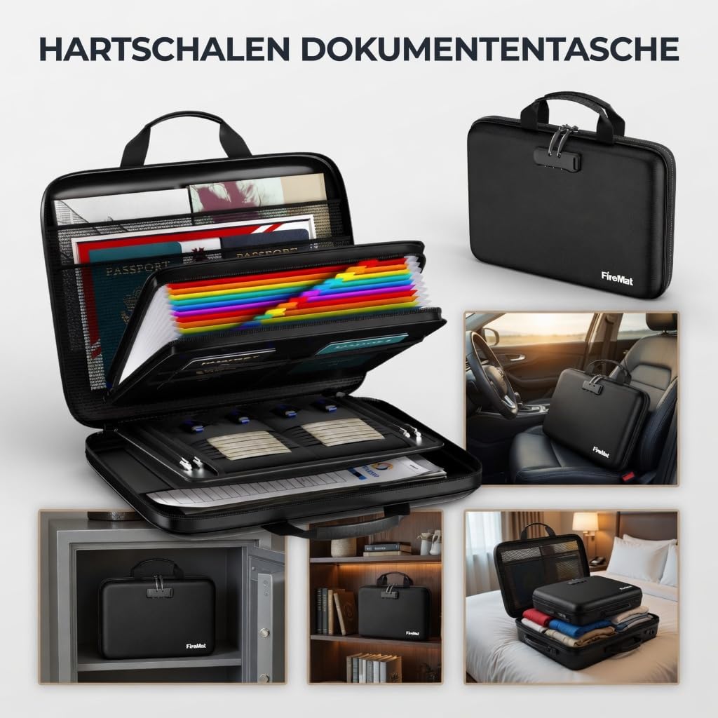 FireMat Feuerfeste Dokumentenmappe mit Hartschale – Aufbewahrungsbox mit Zahlenschloss, wasserfest, 13 Fächer, UL-94 zertifiziert, für A4 Dokumente, Pässe & Laptop (28,5 x 38,5 x 7,5 cm)