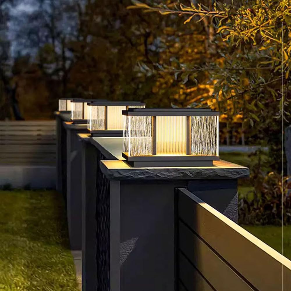 Tradycyjna czarna lampa zewnętrzna, lampa słupkowa, nowoczesna wodoodporna szklana lampa solarna LED, przewodowy zewnętrzny słupek oświetleniowy do podwórka i ogrodu.