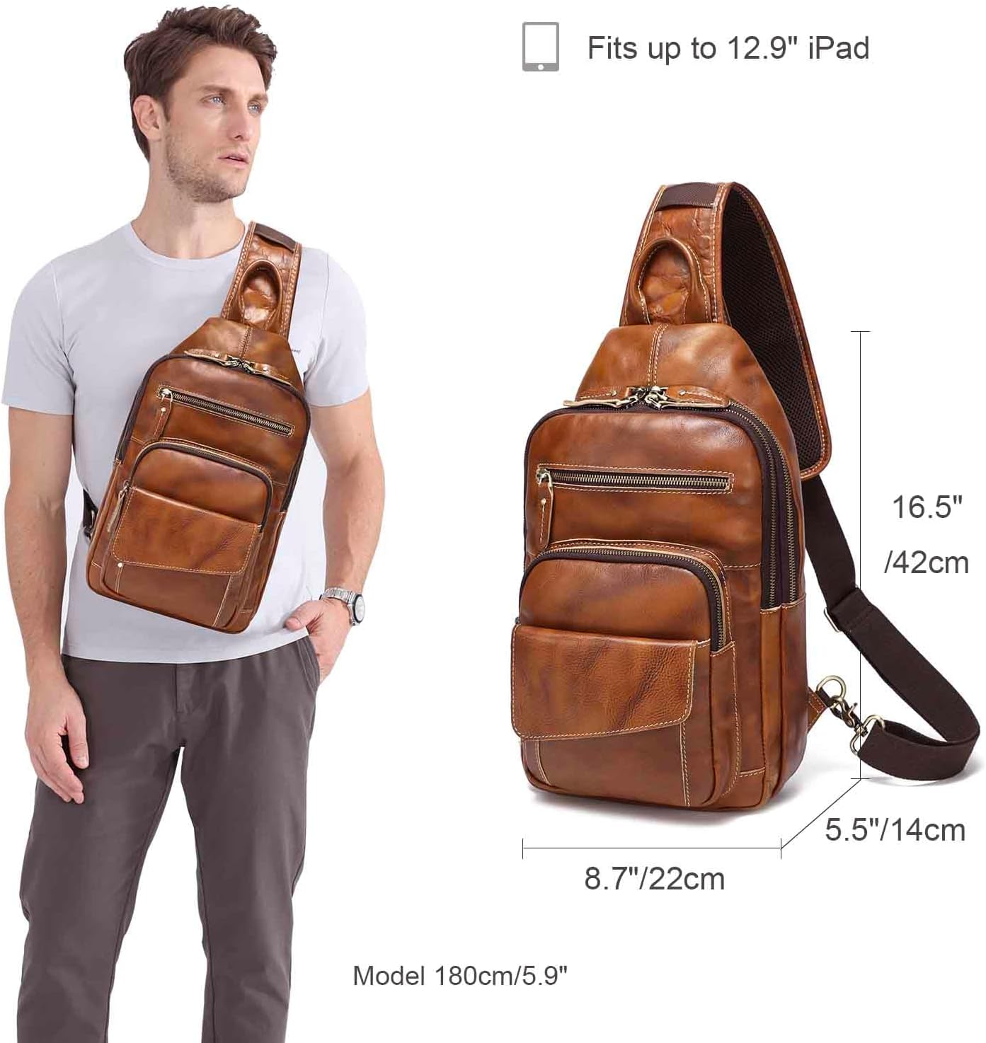 LANNSYNE Full Grain Leather Casual Sling Bag For Men Hiking/Travel/Business Crossbody Chest Bag Fits 12.9" iPad - Image 2