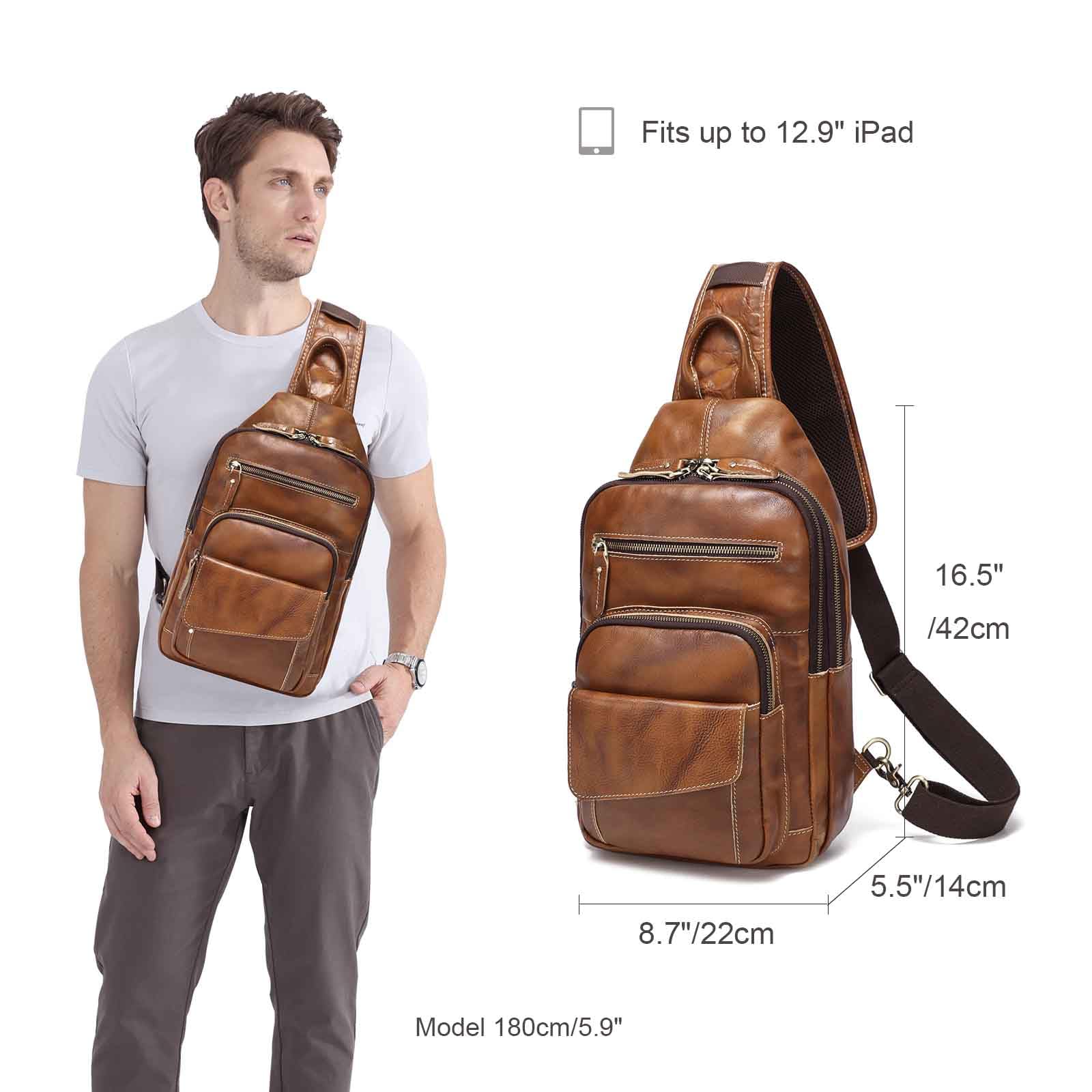 LANNSYNE Full Grain Leather Casual Sling Bag For Men Hiking/Travel/Business Crossbody Chest Bag Fits 12.9'' iPad'