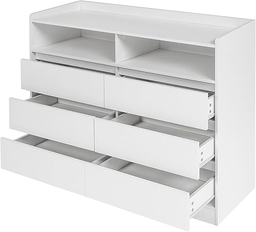 Miniatura 5 de Angel Sar Cómoda blanca de 6 cajones con luces LED, cómoda LED de 51 pulgadas para dormitorio, 2 espacios abiertos, cómoda, cómoda de TV,