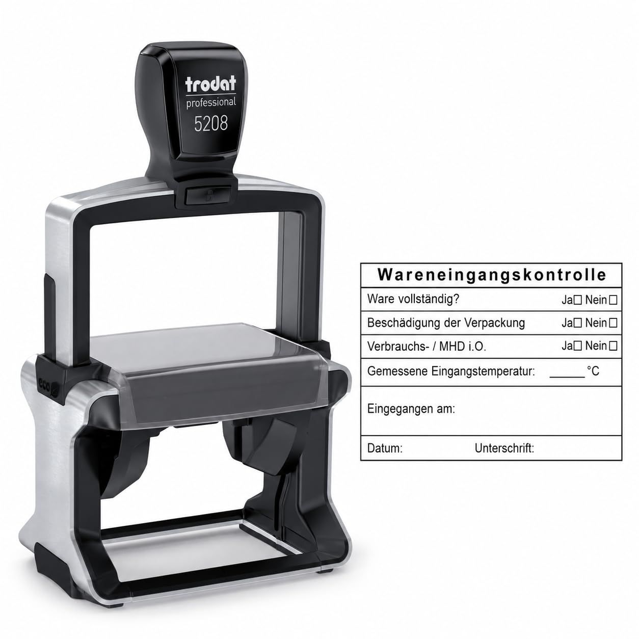 Wareneingangskontrolle Stempel – Trodat Professional 5208 Firmenstempel 68 × 47 mm – fertige Vorlage mit schwarzem Abdruck – Lagerstempel für Wareneingang, Qualitätskontrolle, MHD, Temperatur, HACCP