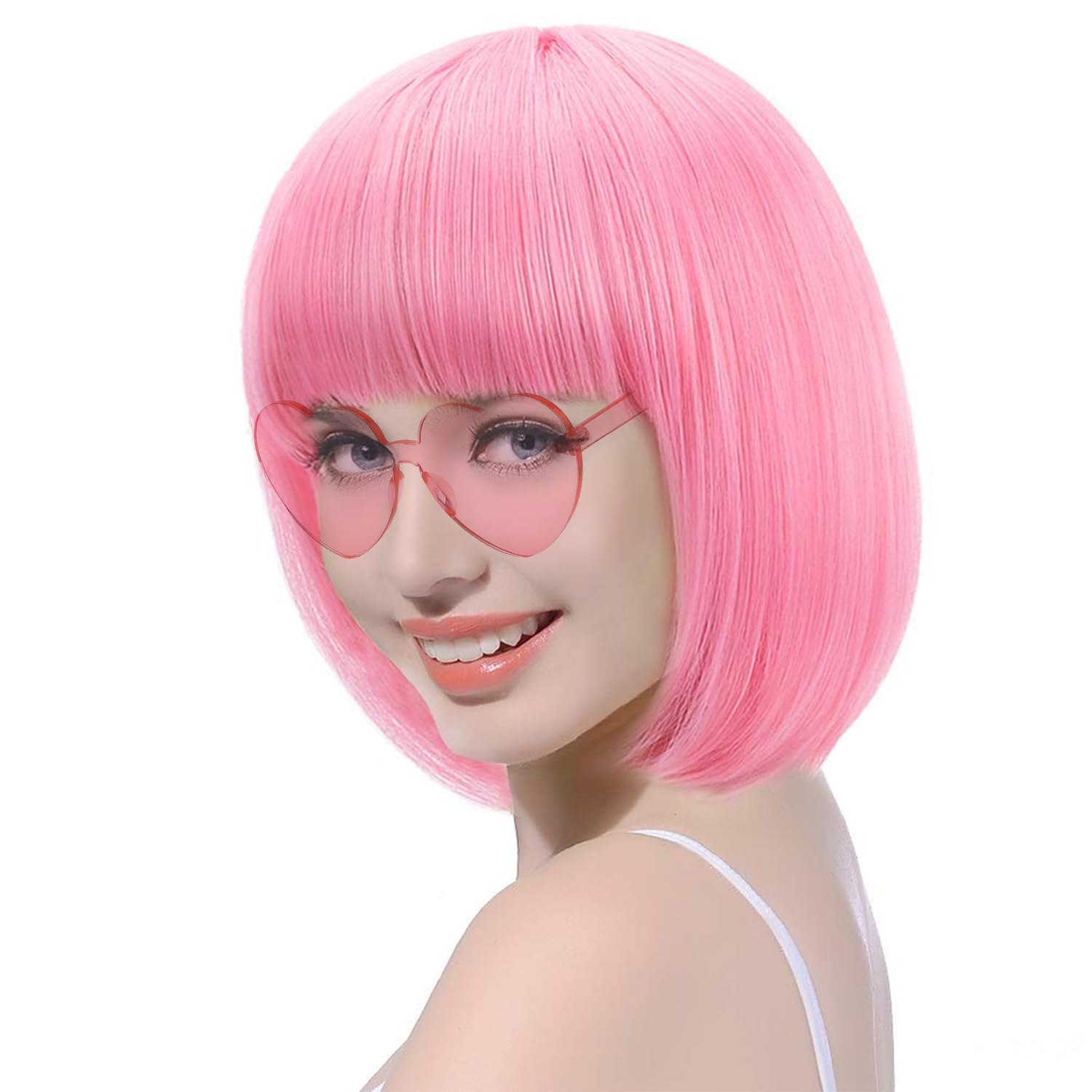 Pink Short Bob Wig Sunglass Set - Neon Party Favors, Cosplay Wig Hairpieces for Bachelorette, Halloween Decorations