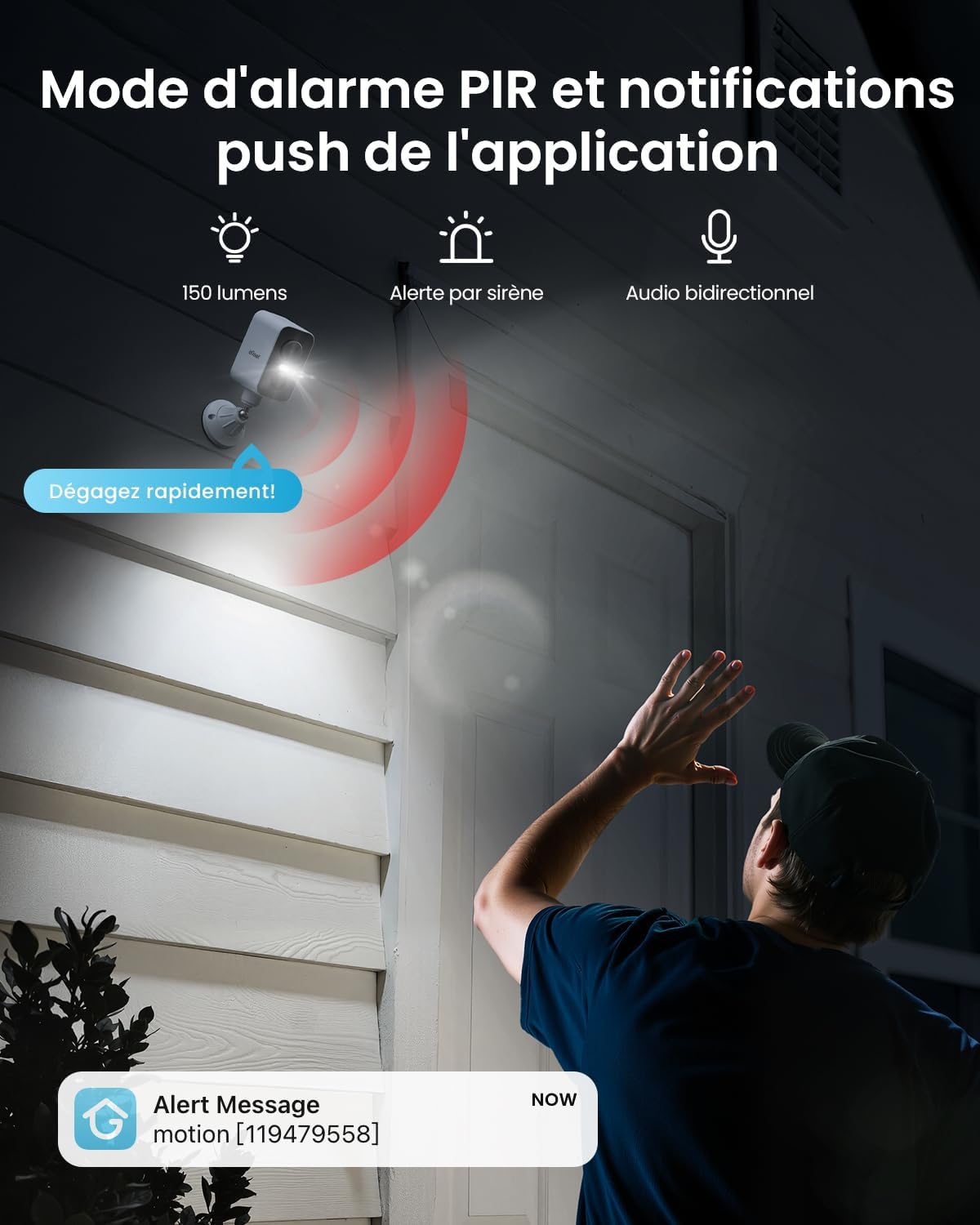 ieGeek ZY-G2 camera detecting motion at night, with a person raising hands and an app notification visible.