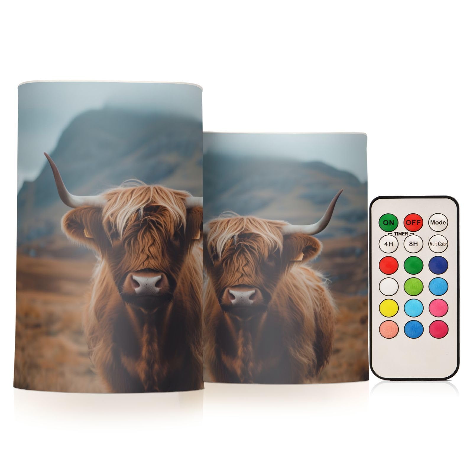 Mnsruu Flickering Flameless Candles Highland Cow Wild LED Candles with Remote Timer Set of 2 Battery Operated Candle Home Decoration