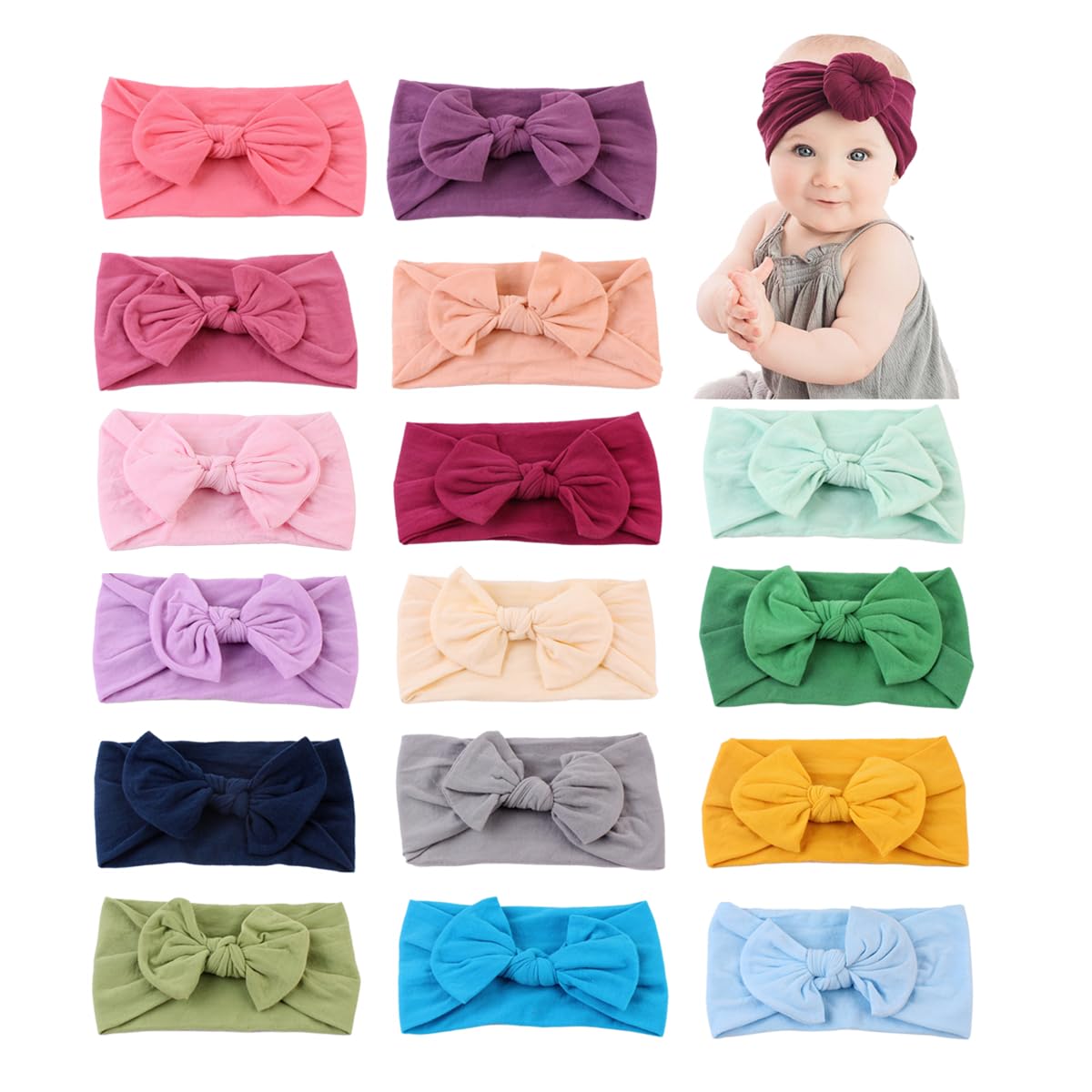 TMOYJPX 16 pcs Elásticas Diademas de Pelo Bebe Niña Bautizo 3 meses-5 años, Vendas Banda de Cabeza Bebé Recién Nacidos Niño