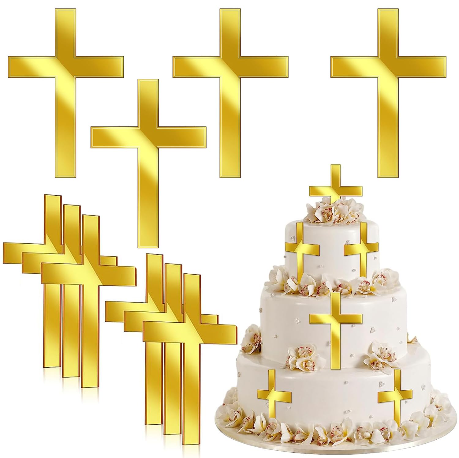 LWAIX Kreuz für Tortendeko Cake Topper Kreuz Gold Tauf Torte Deko Acryl Kuchen Dekoration Taufe 10 x 7cm für Hochzeit Geburtstag Party Kommunion (10STK)