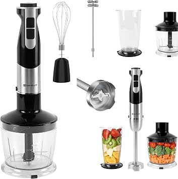 1200W Hand Blender Electric Stick Blender Curry Puree Food Mixer Liquidiser 5-in-1 Stainless Steel Electric Stick Blender, with TURBO, 700ml Beaker, 500ml Chopper, Egg Whisk, Milk Frother, 12 Speeds