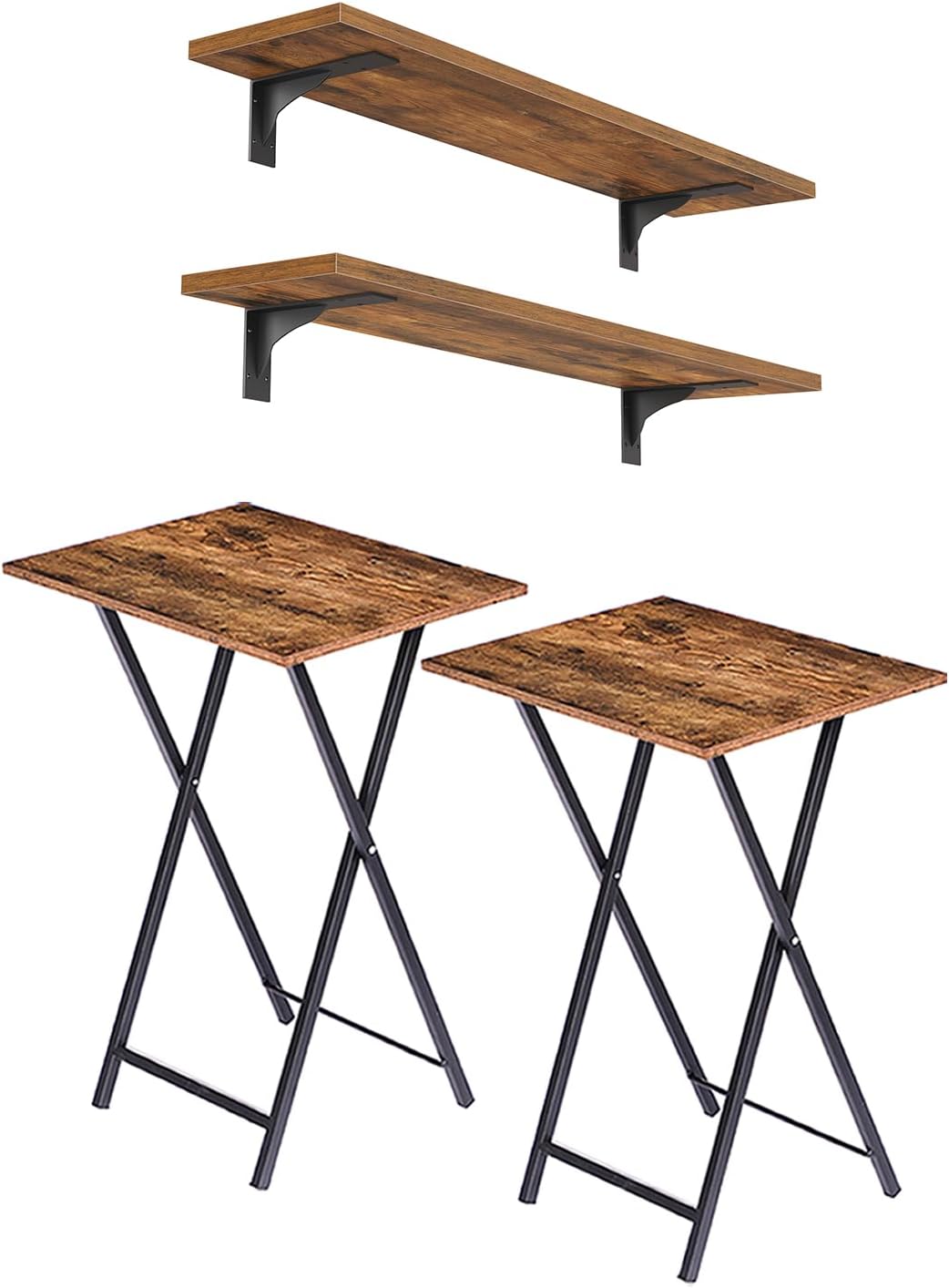HOOBRO Folding TV Tray Tables, Set of 2 Side Table for Small Space, 23.6" Wall Mounted Shelves, Hanging Storage Shelf with Metal Brackets BF25BZ01-BF62BJP201G1