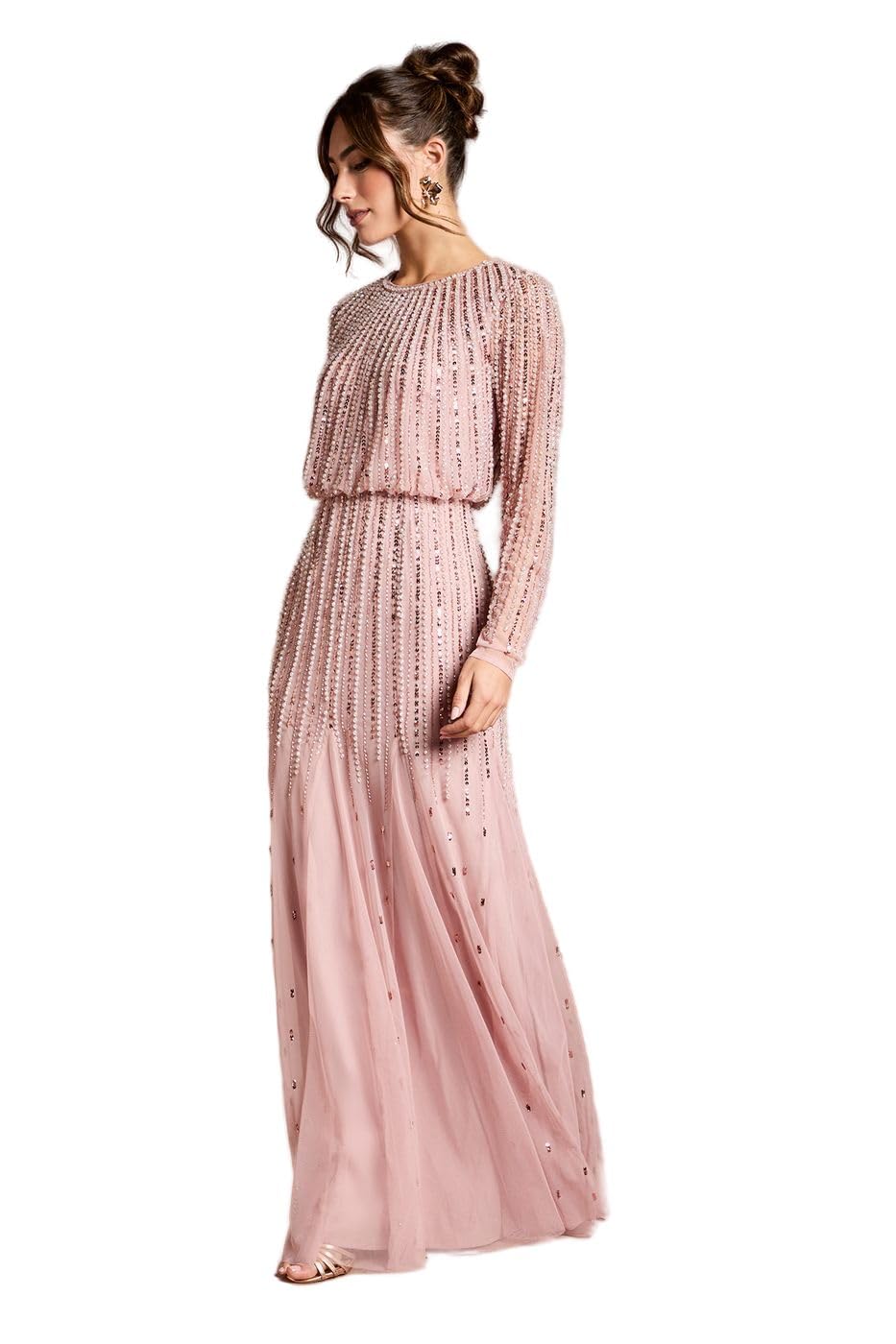 Coast Women's Blush Linear Sequin Embellished Long Sleeve Maxi Dress, 14,