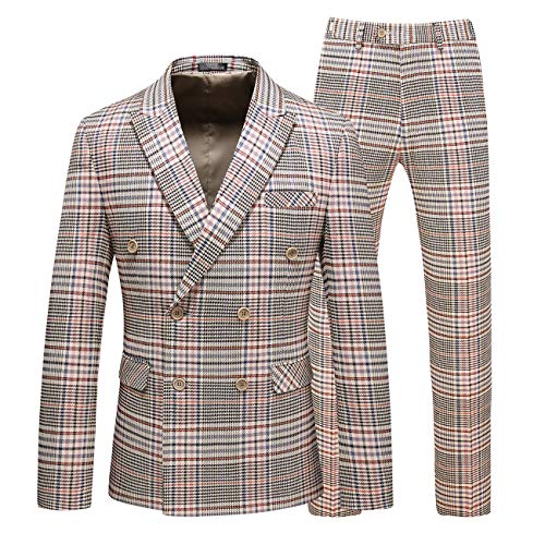 Men's 2 Piece Plaid Prom Suit Slim Fit Events Party Blazer Jacket Pants Set US Size 42 (Label Size 4XL) Pink