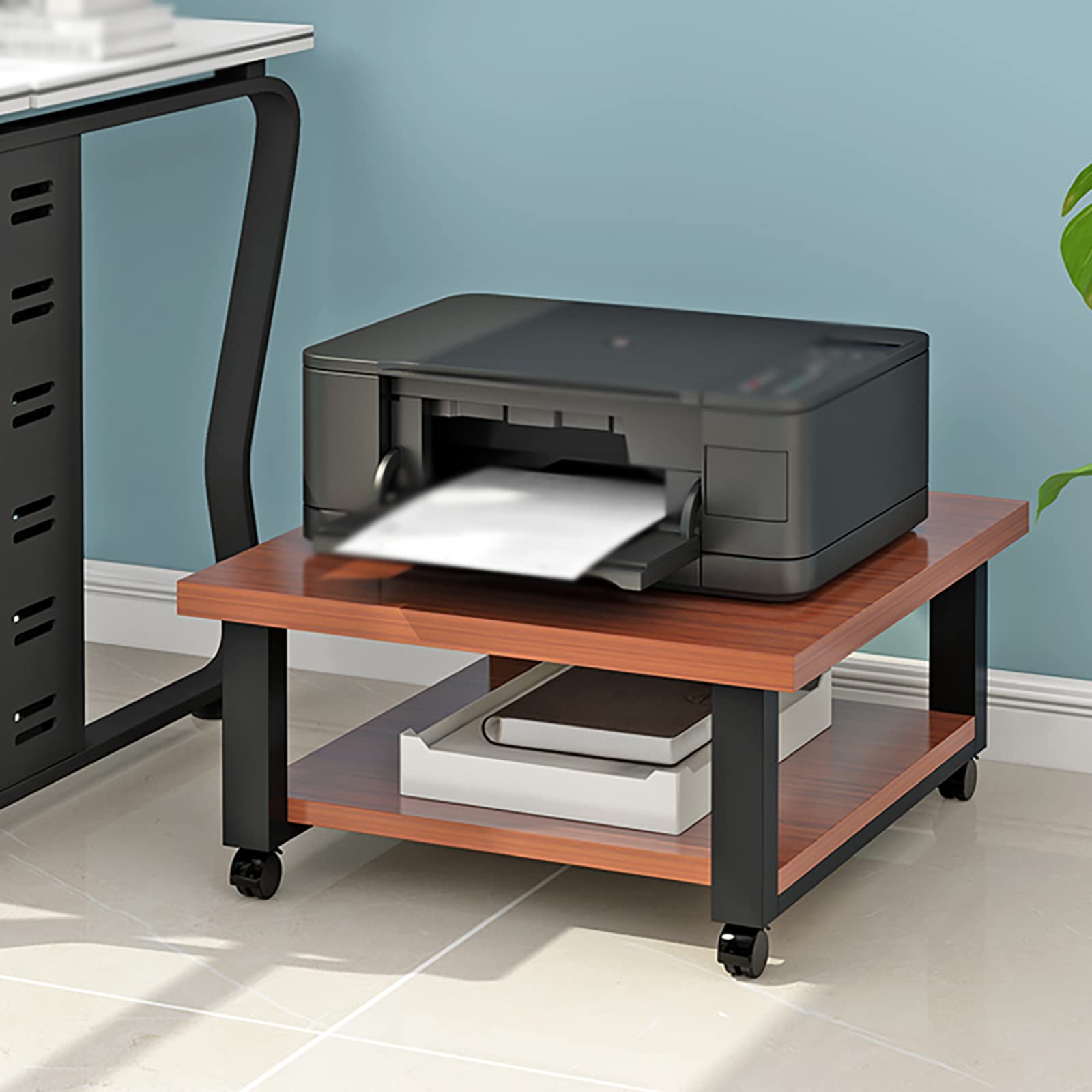 Rollender Druckerwagen,Beweglicher Bodenstehender Multifunktionsdrucker Faxscanner Kopiererwagen,für Heimschlafzimmer Büro Schule(Size:50x50x28cm,Color:Nussbaum hell)