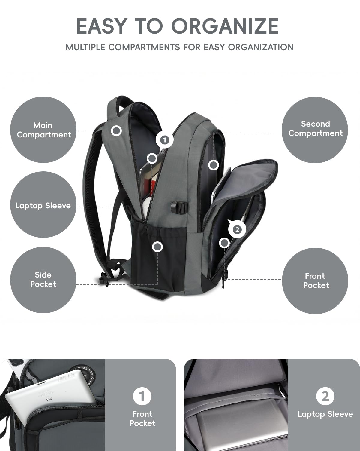 Amythe Mochila Instituto para Adolescentes, Mochilas Escolares para Juveniles 10 a 18 Años con Varios Compartimentos, Mochilas Grande Impermeable para Viagem & Escola, Gris
