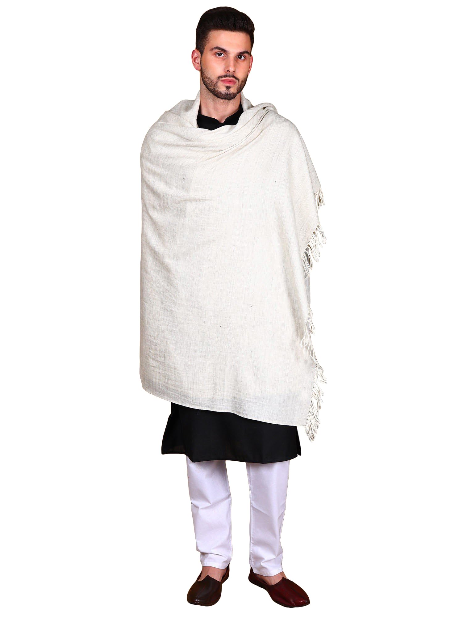 Men's Plain Off White Woollen Lohi/Shawl | Traditional Soft Warm Meditation Stole, Scarf, Wrap From Kullu, White, Free Size-image-37