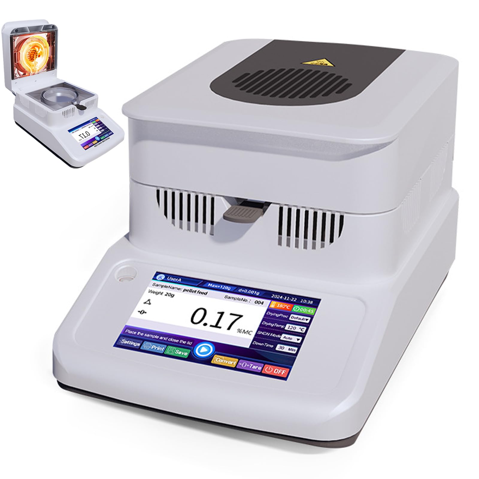 Analizador digital de humedad, probador de alta precisión 0,001 g, calentamiento rápido de 40-180 °C, para cereales alimentarios, agricultura, productos farmacéuticos, capacidad de 120 g