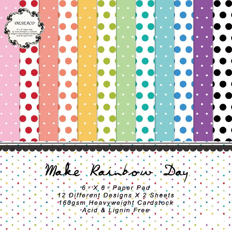 DESEACO 24 Sheets 6x6 Pattern Pad – Bright Rainbow Dot Designs for Scrapbooking, Card Making, Journals, DIY Crafts, Single-Side Craft Sheets
