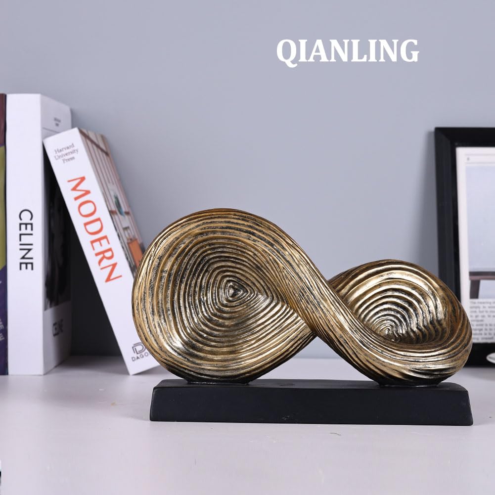 QIANLING Escultura de arte abstracto, escultura de símbolo de bucle infinito, estatua decorativa abstracta, nudo dorado para decoración del hogar, decoraciones modernas para mesa de café, entrada