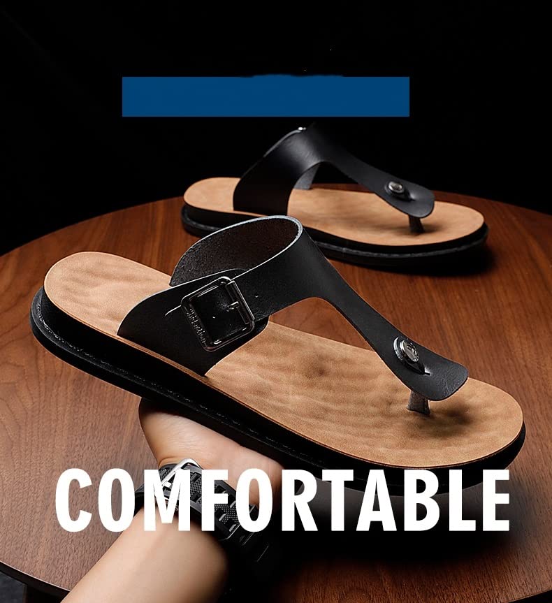 Men Flip Flops Sandals Beach Slipper Thong Sandals for Men Leather Cork Beach Shoes Black Flip-Flops(46 Code)3