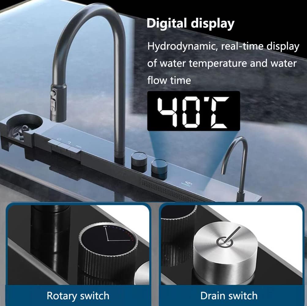 Kitchen Sink Single Bowl Sink Flying Rain Waterfall Sink Household Sink,Workstation Kitchen Sink Domestic Sink Set,Integrated Sink with Pull-Out Tap,Drain basket,Cup Washer (75×46×22cm)