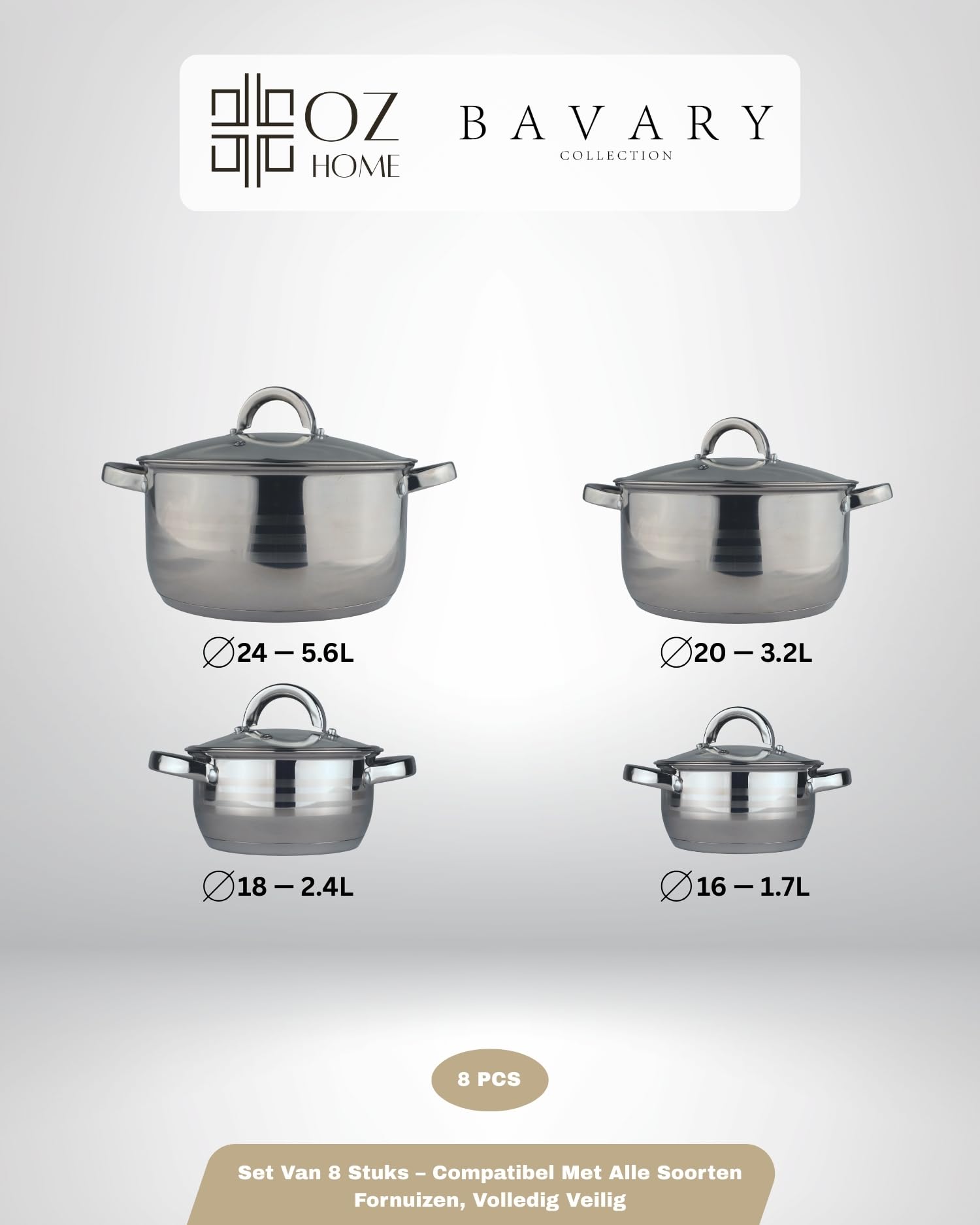 BAVARY Batterie De Cuisine Inox 18/10, 8-Pcs Casserole Inox - Faitout Induction - Batterie De Cuisine Induction Avec Casserole Induction & Couvercles Verre - Casserole Tout Feux, Ustensiles De Cuisine