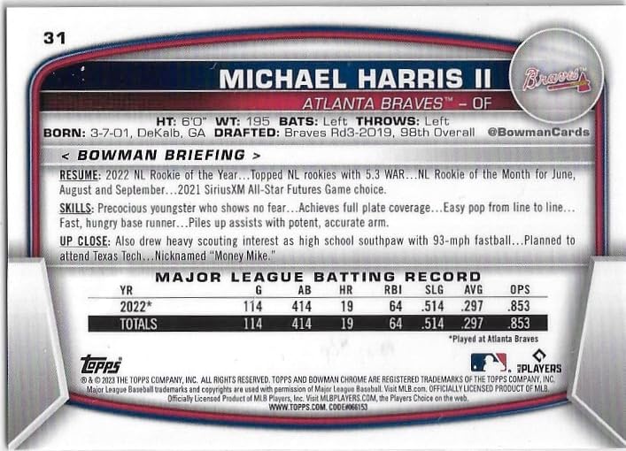 Michael Harris II Serial Numbered #10/50 Yellow Sapphire Refractor Bowman Chrome Rookie Card Special Insert Collectible Baseball Card- 2023 Sapphire Chrome Baseball Card #31 (Braves)