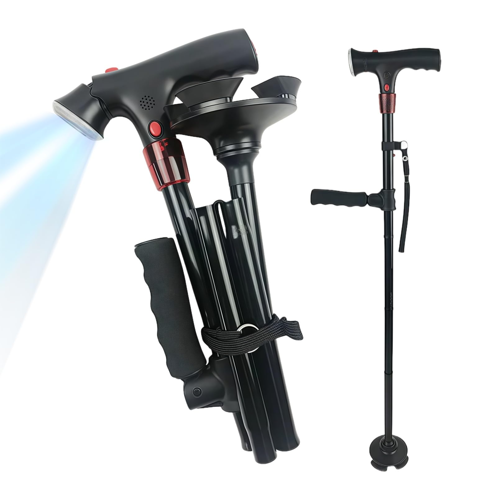 TwinGrip - Canne de Marche Pliante Ergonomique avec Poignée Supplémentaire et Base Antidérapante à Quatre Pieds, Hauteur Réglable, Pliable et Légère pour Personnes Âgées