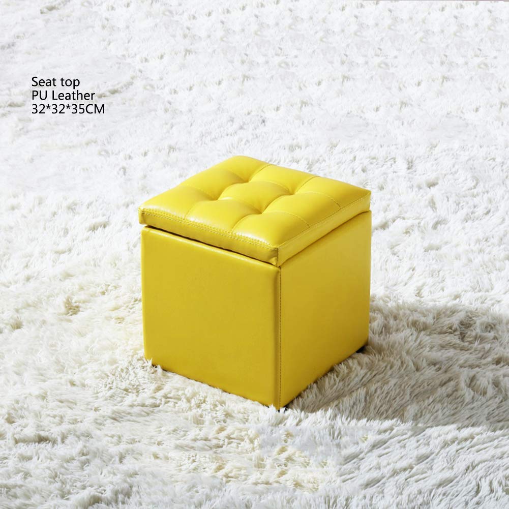 Pouf de rangement en bois carré jaune 32x32x35cm avec couvercle