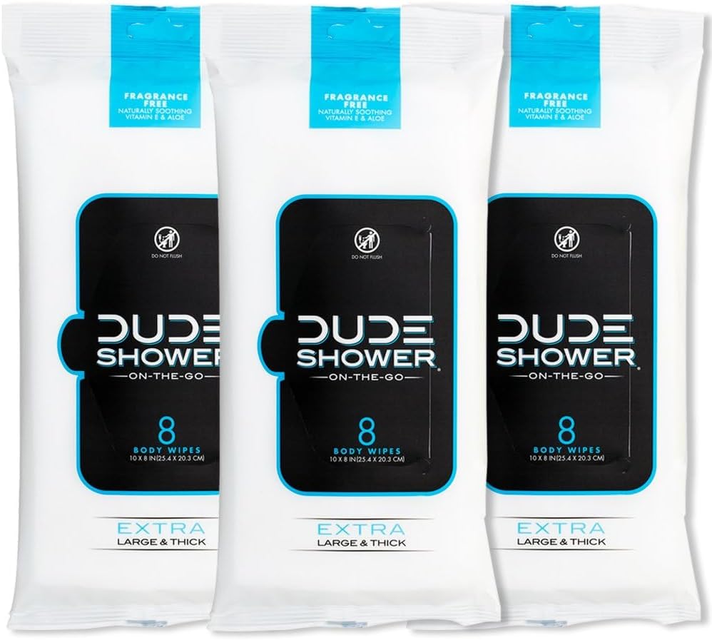 DUDE Shower Body Wipes Unscented Naturally Soothing Aloe and Hypoallergenic, Portable Travel-Sized Individual Cleansing Cloths for Men, 8 Count (Pack of 3)