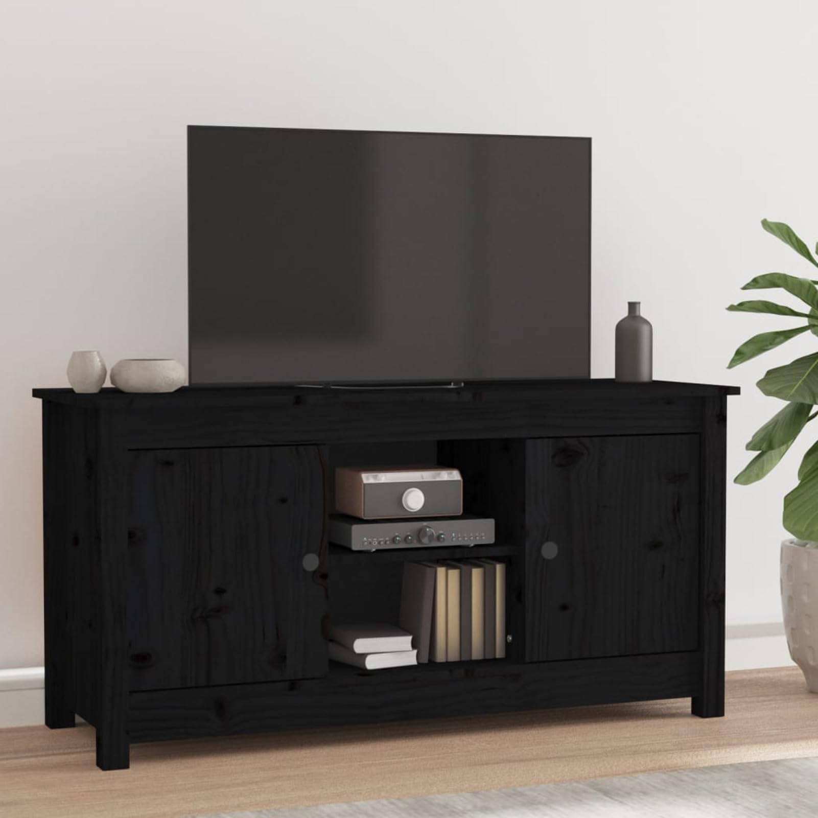 Meuble TV En Pin Massif 103 X 36,5 X 52 Cm - 2 Portes, 4 Compartiments Ouverts - Design Naturel Pour Salon